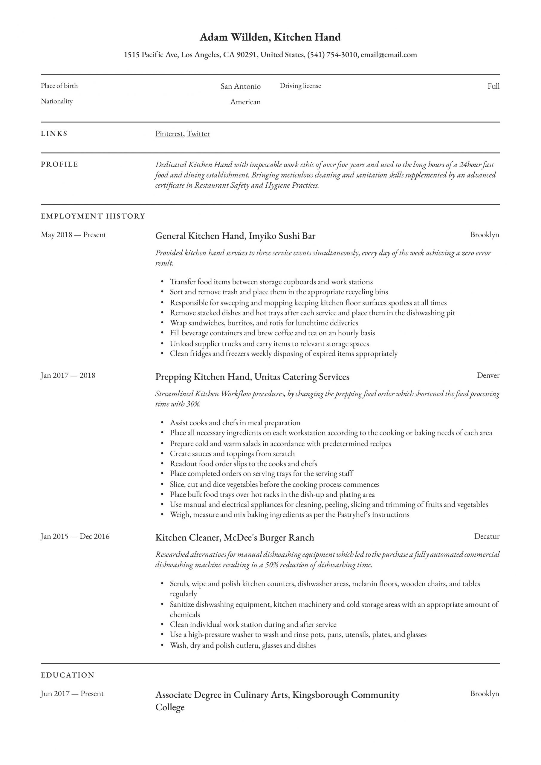 Sample Resume for Restaurant Kitchen Hand Kitchen Hand Resume – Derel