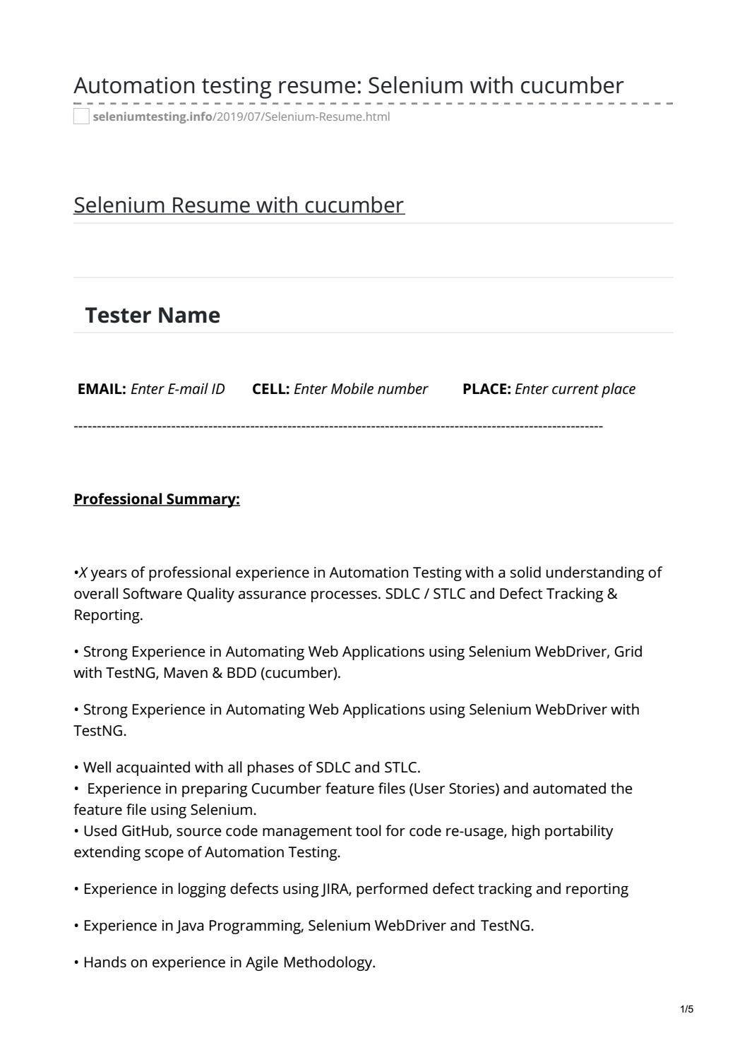 automation testing resume selenium with cucumber