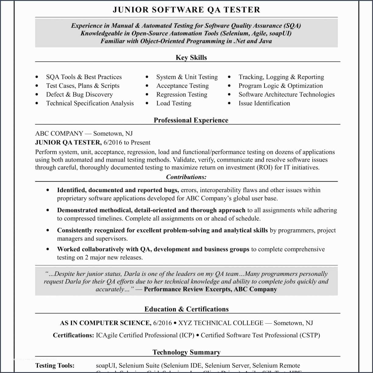 sample resume for software testing