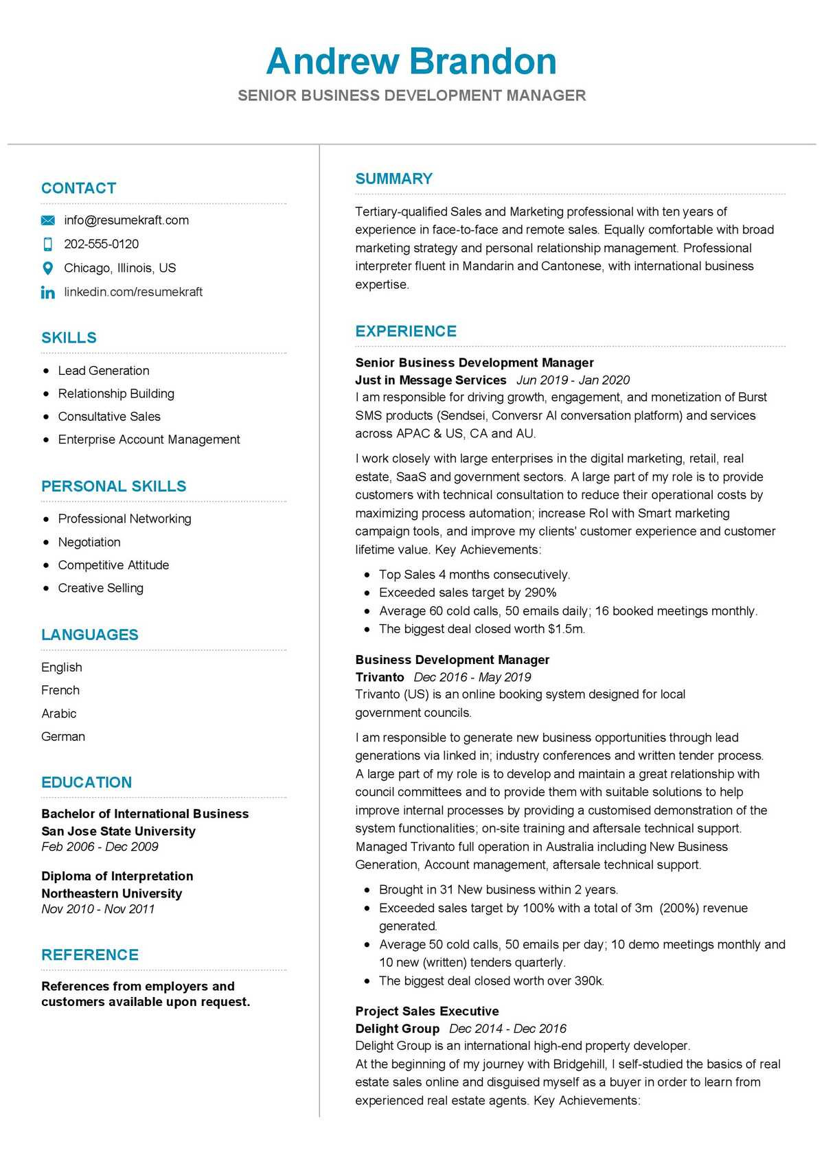 senior business development manager resume sample