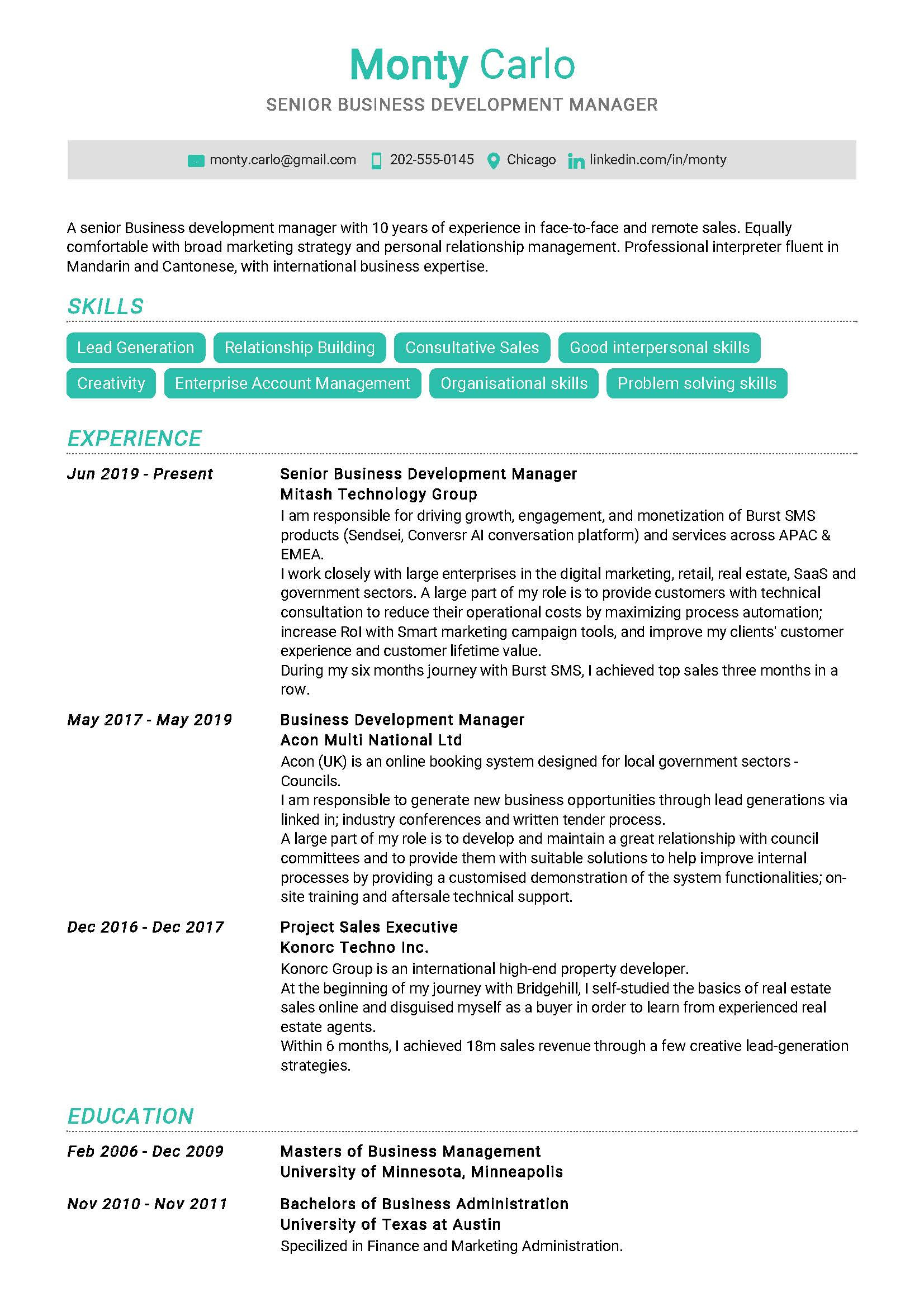 senior business development manager resume example