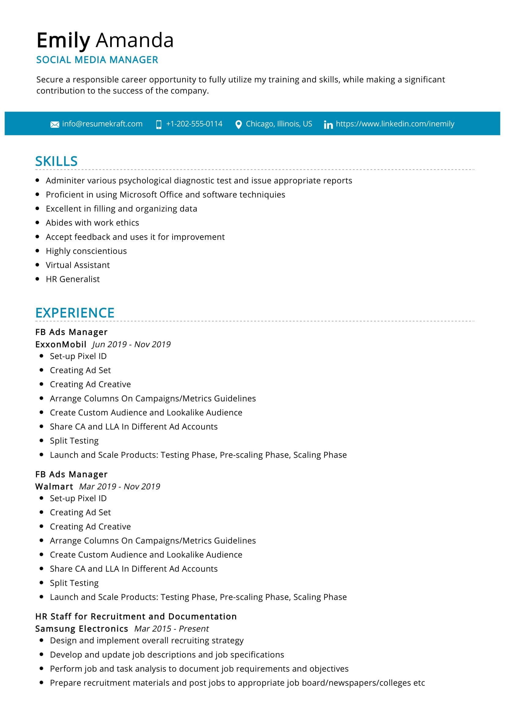 social media manager resume sample