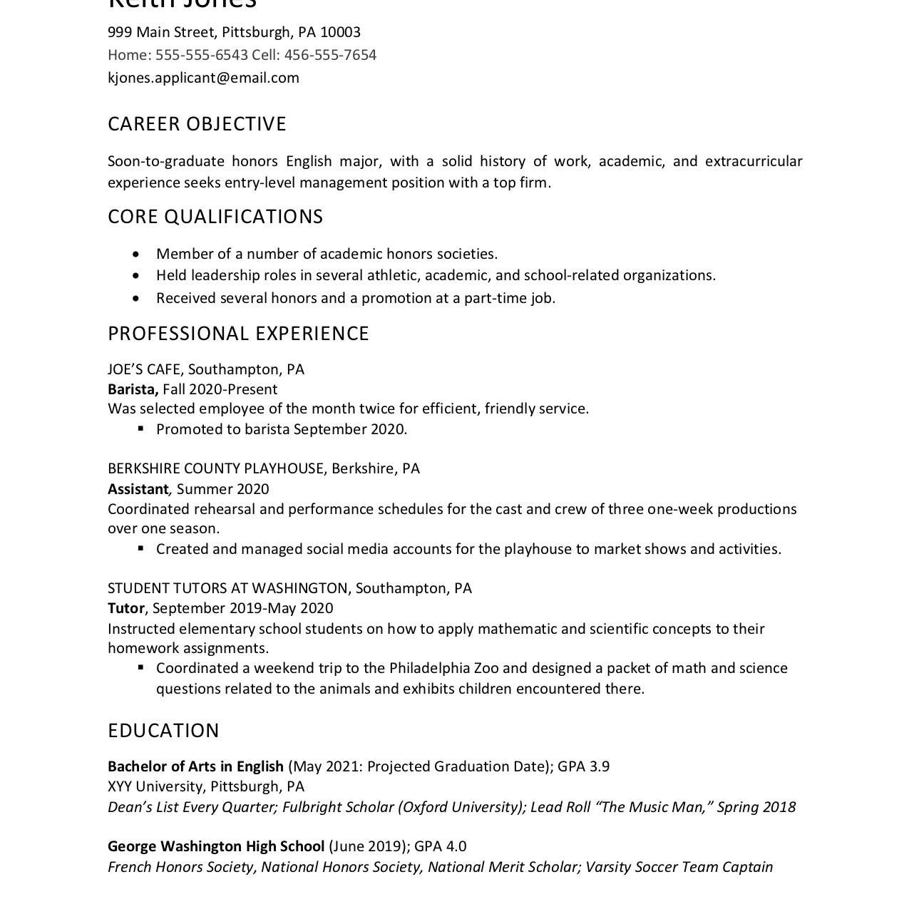high school graduate resume example with work experience