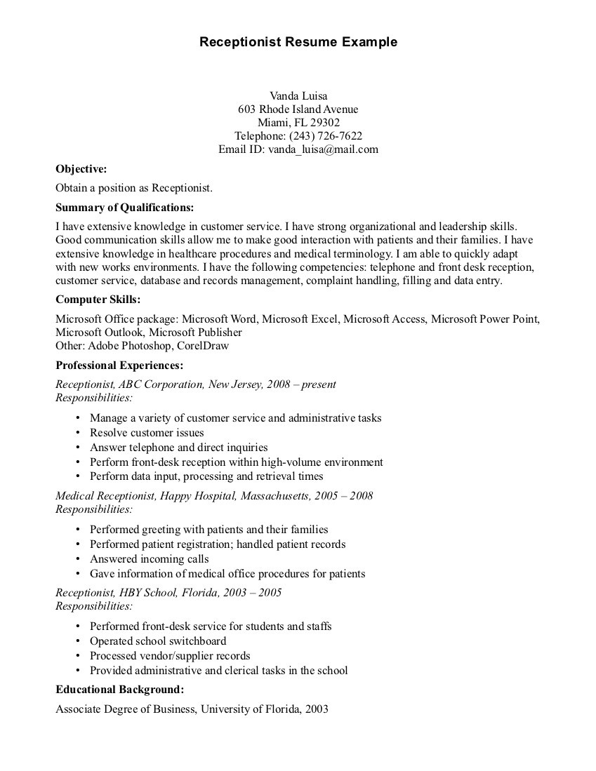 whose resume objectives for medical receptionist vO 2128