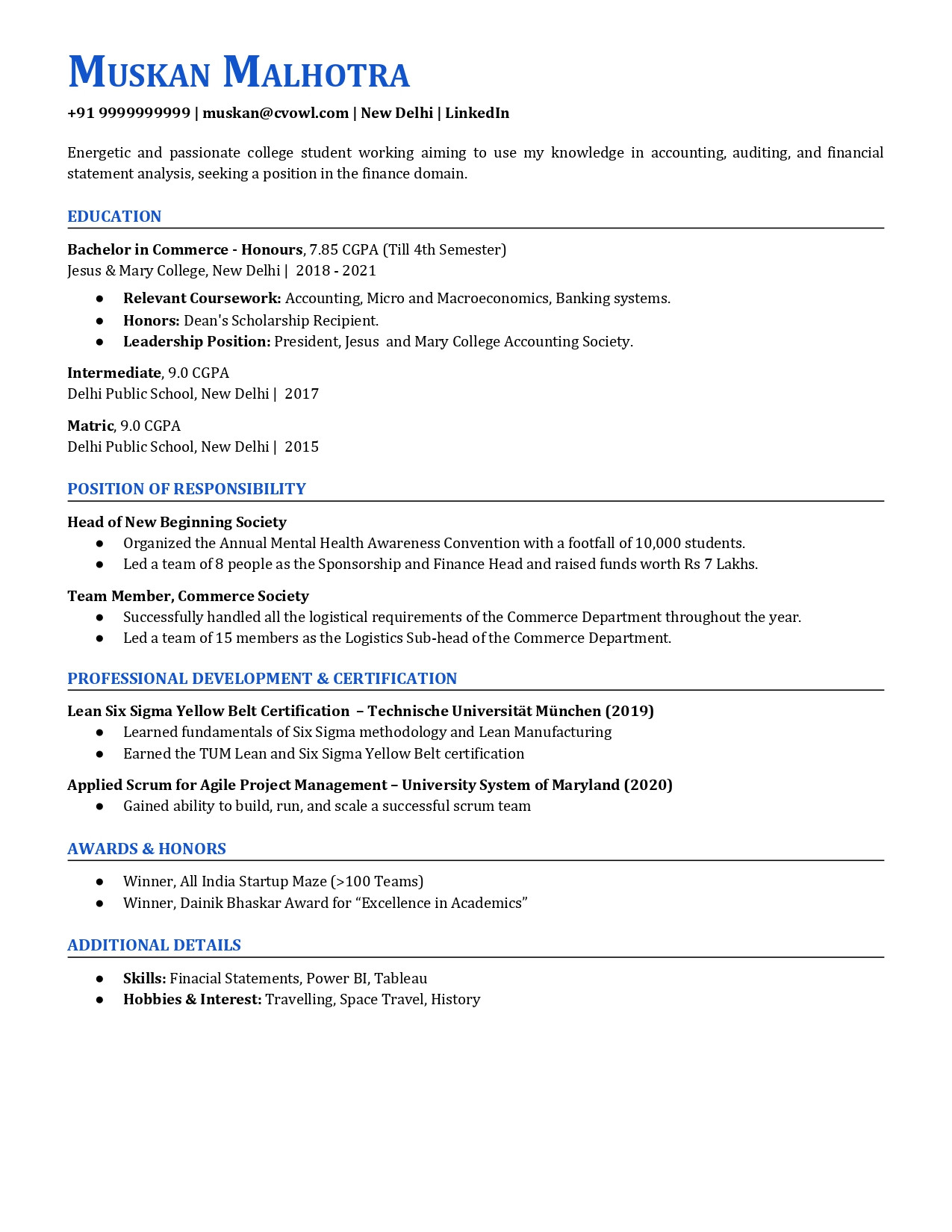 intern resume sample
