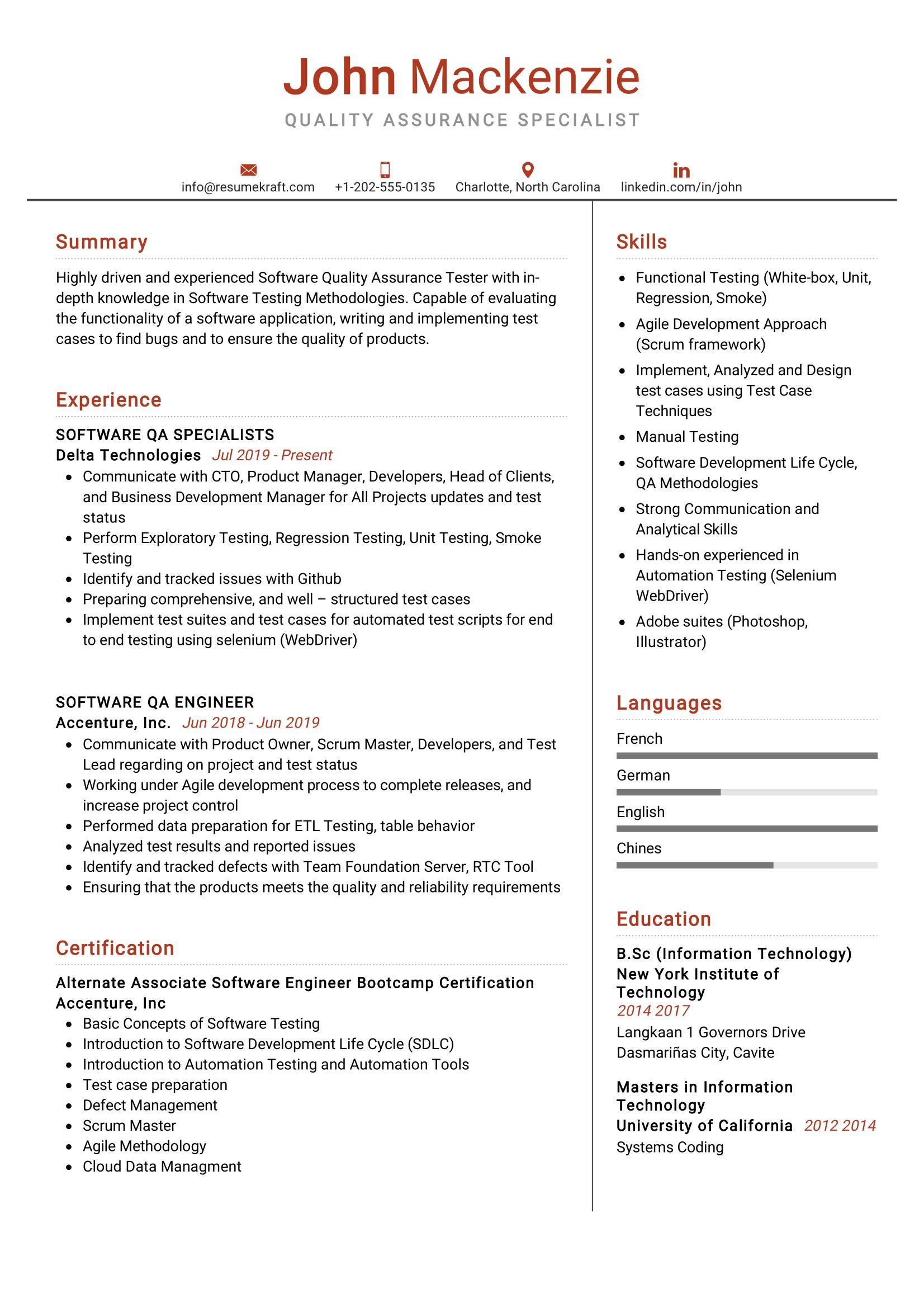 quality assurance specialist resume sample