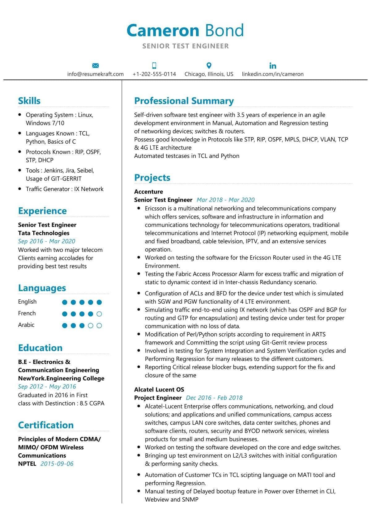 senior test engineer resume sample