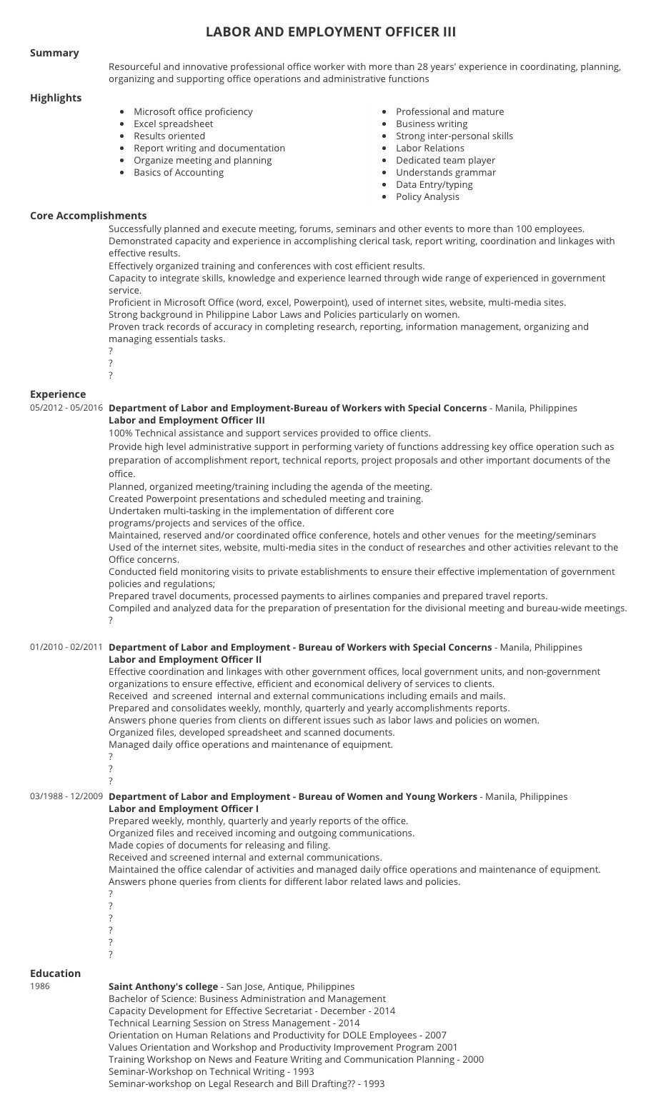 sample resume for philippine government jobs