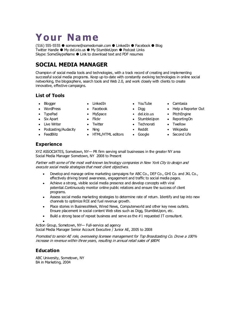 social media manager cv template