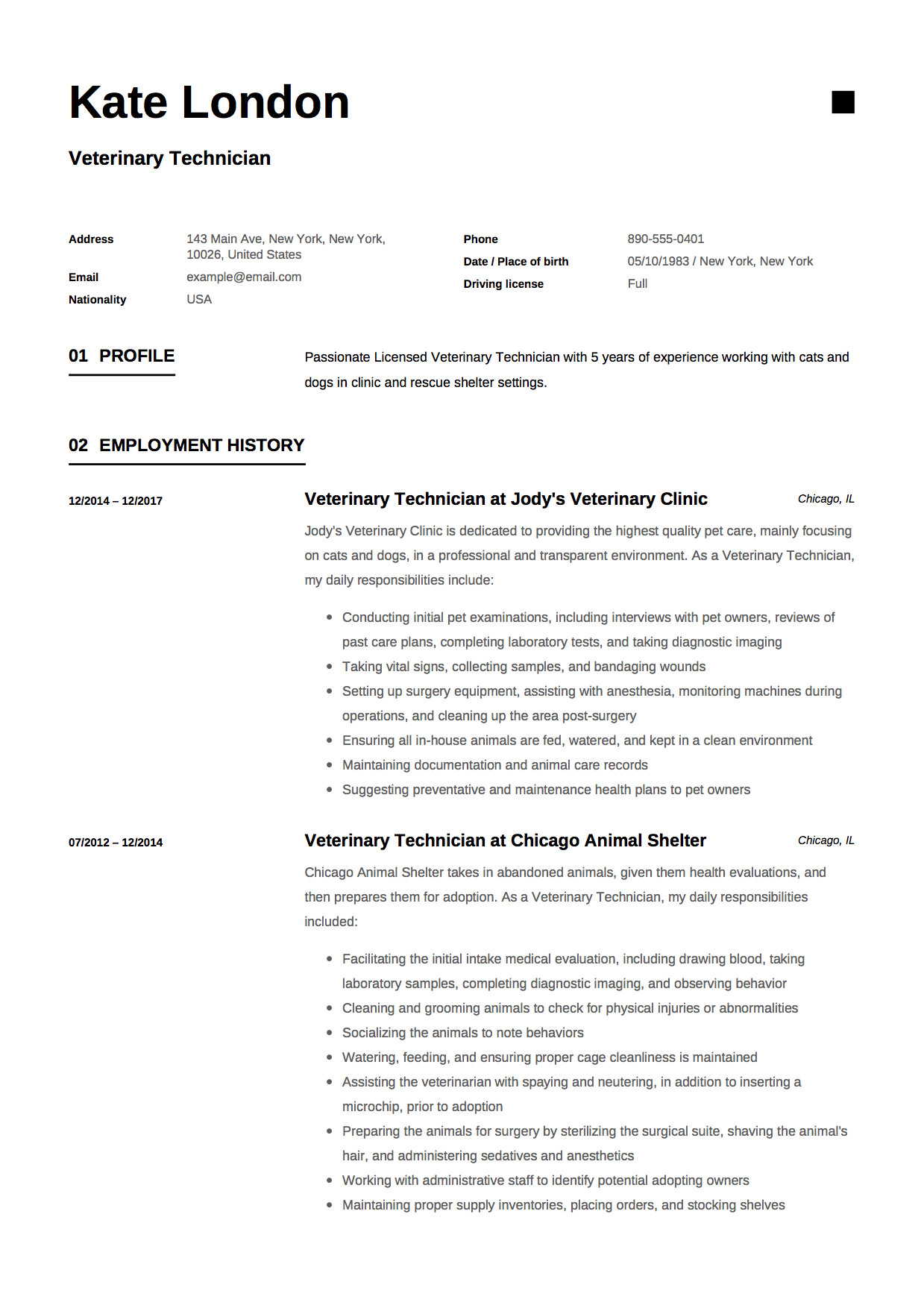 example of resume for veterinary technician