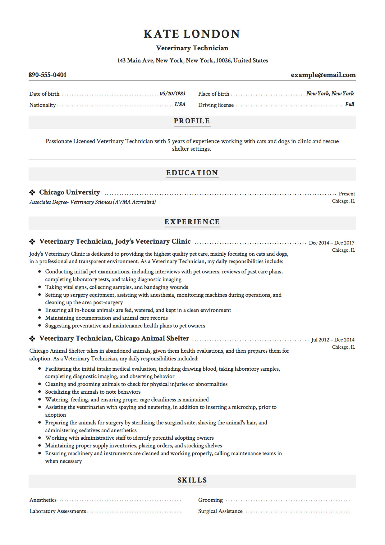 example of resume for veterinary technician