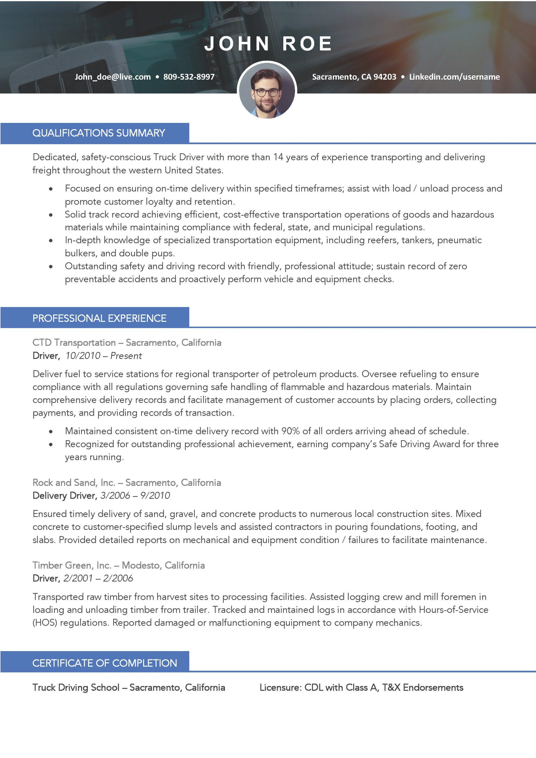 truck driver resume template