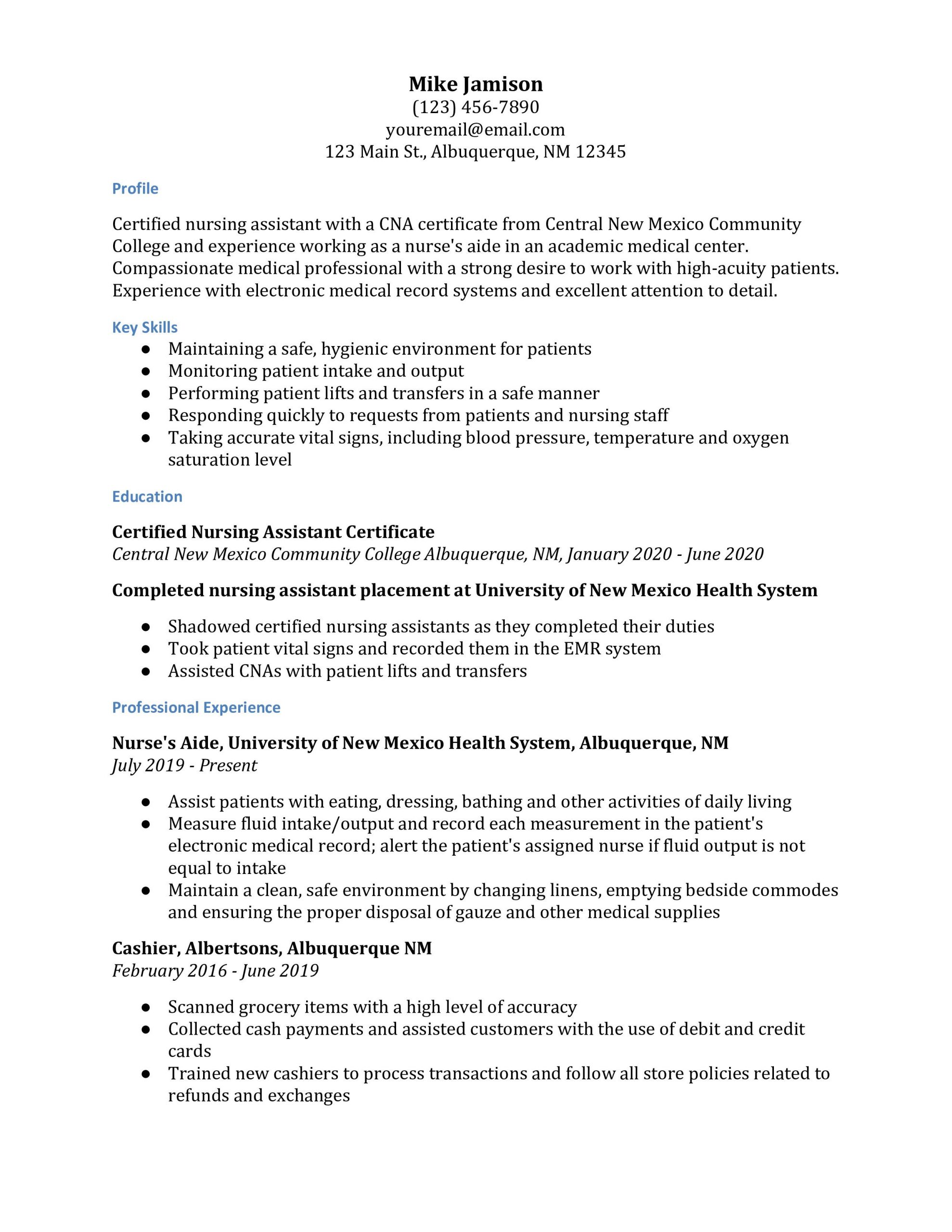 cna resume examples