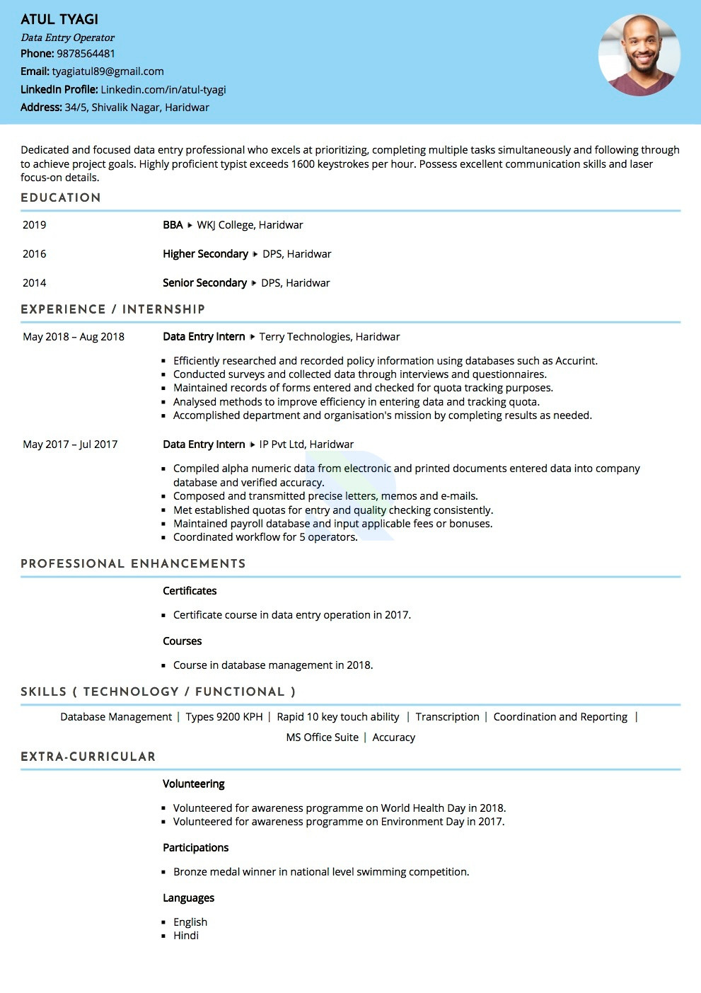 experience resume format for data entryml