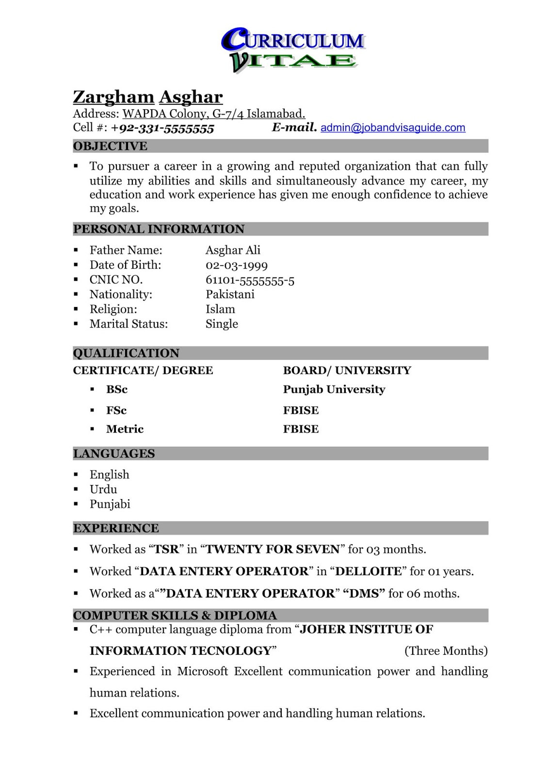 resume format for freshers data entryml