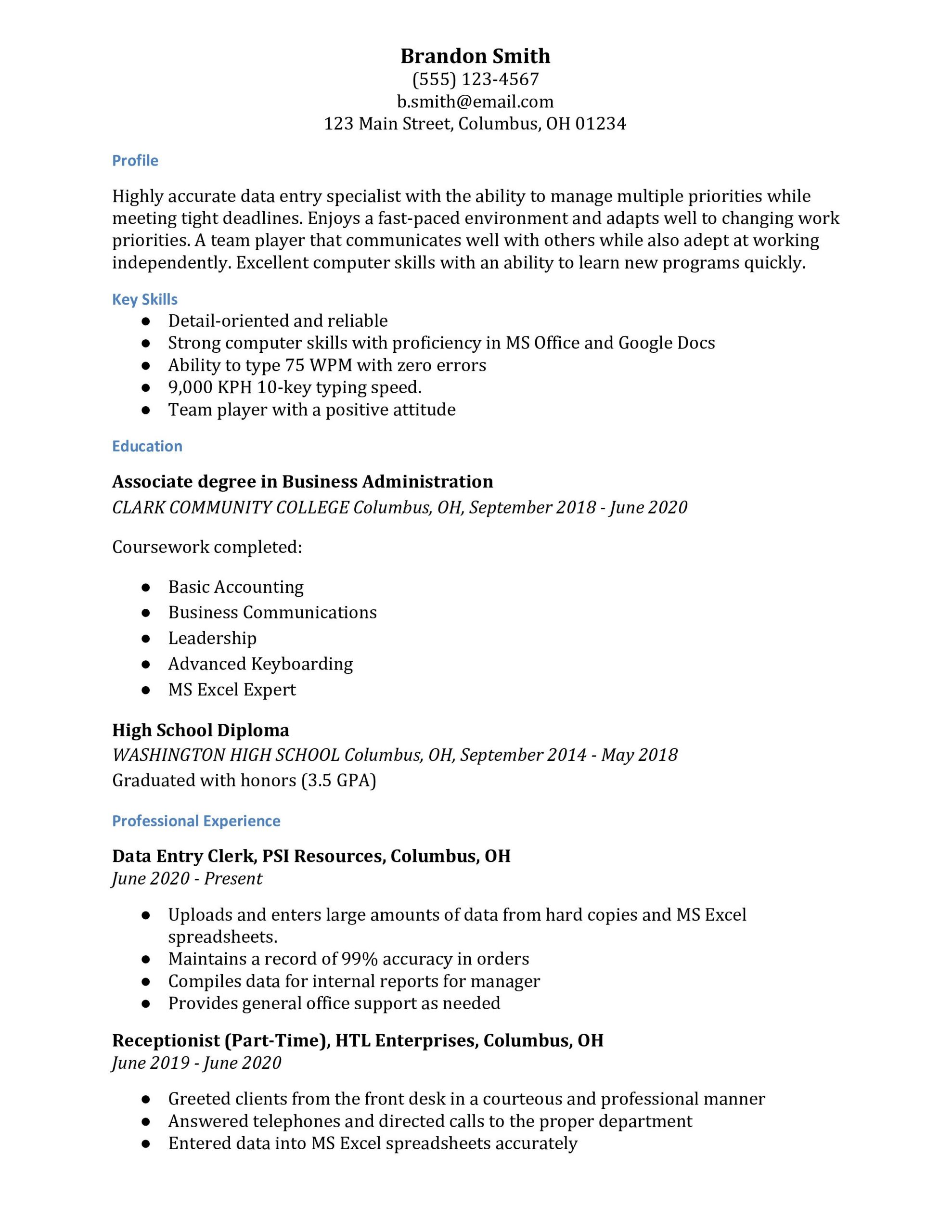 data entry resume examples