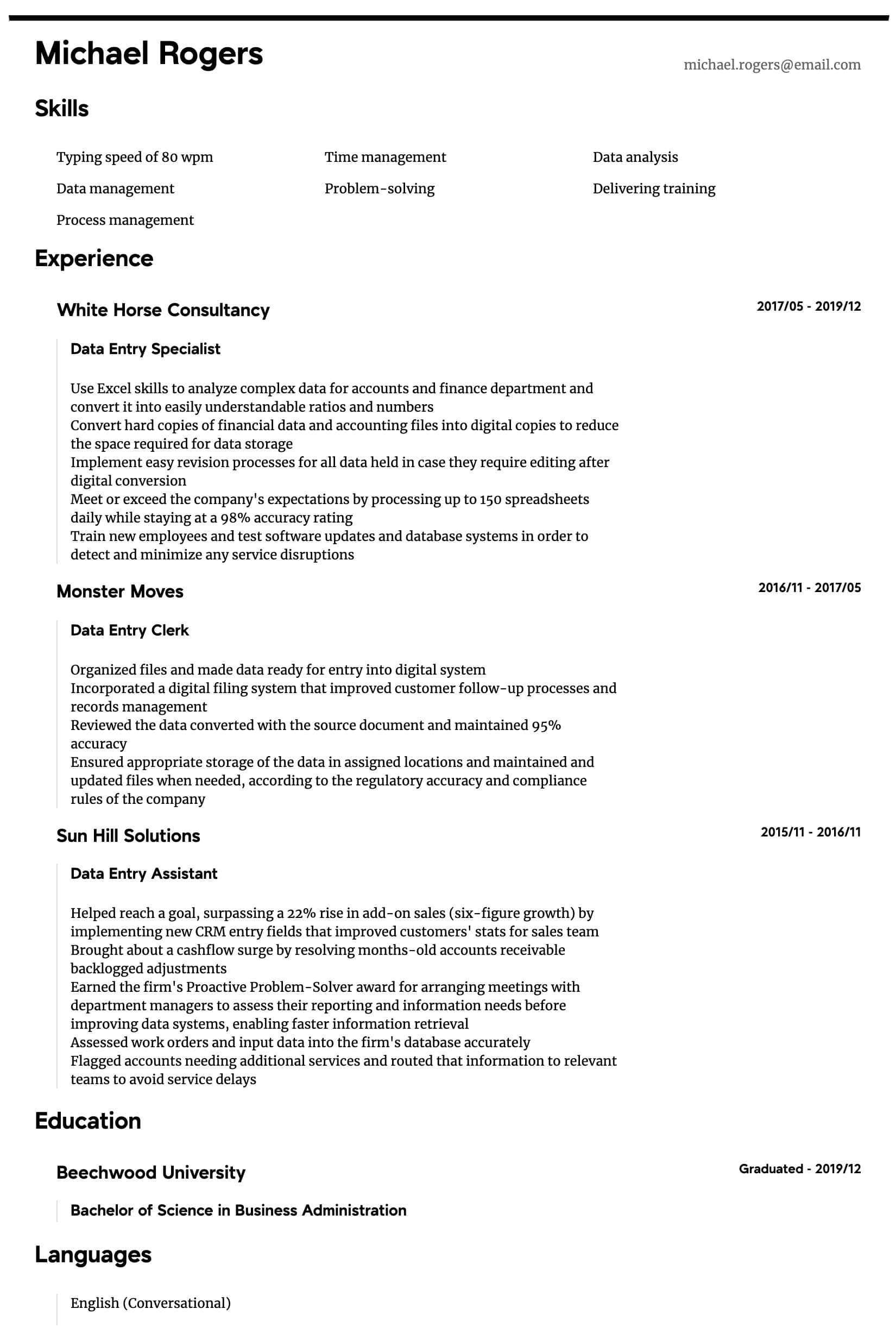 data entry resume sample