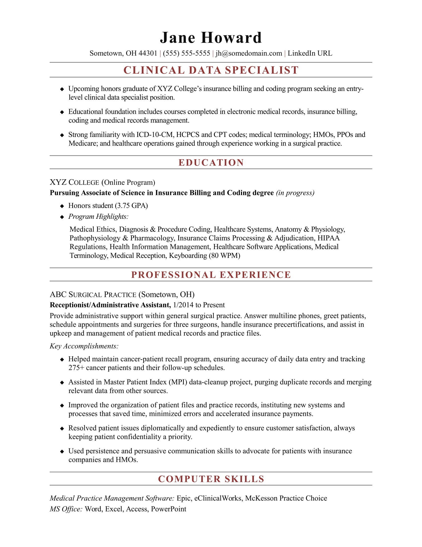 sample resume clinical data specialist entry level