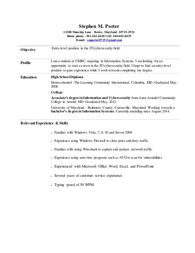 stephen porter entry level informationcyber security resume