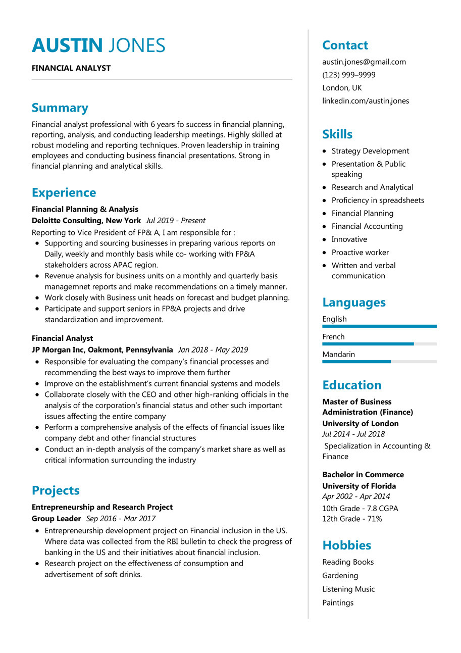 financial analyst resume example