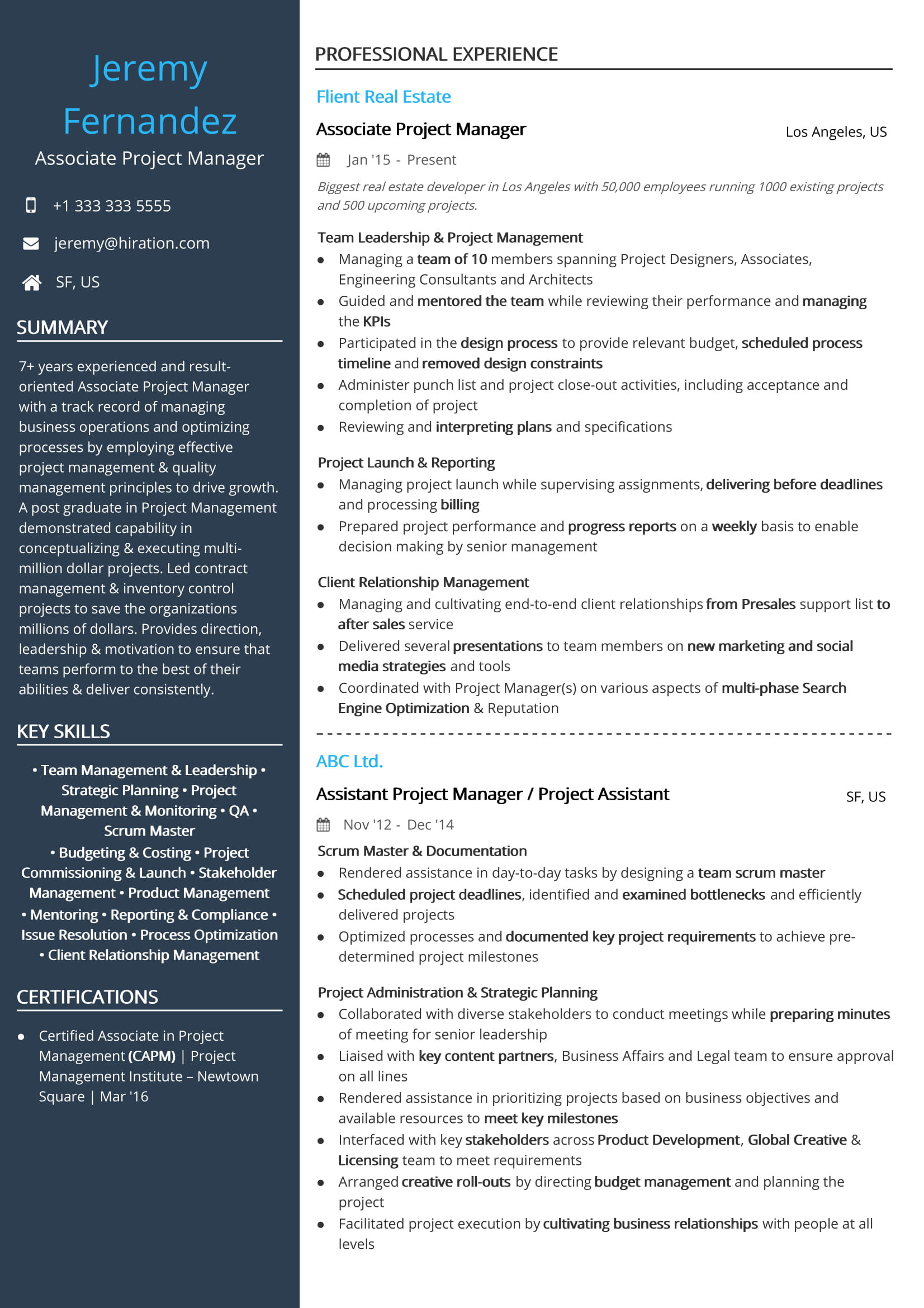 project assistant resume sample
