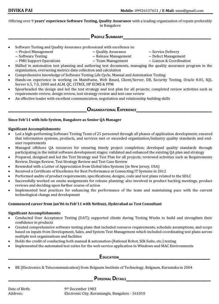 30 manual testing resume sample for 5 years experience or