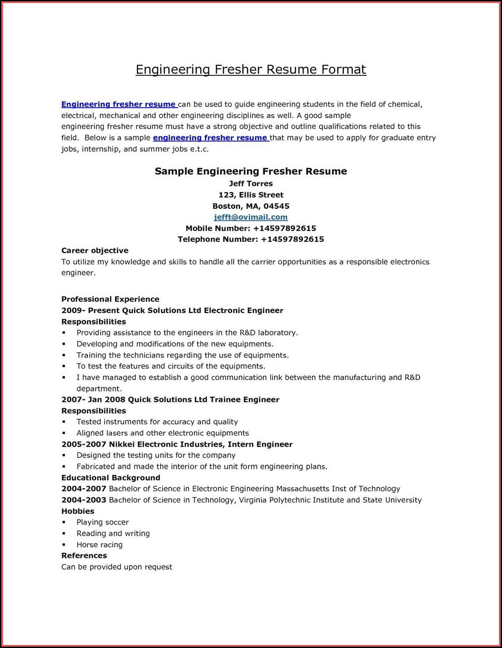 resume of fresher mechanical engineers