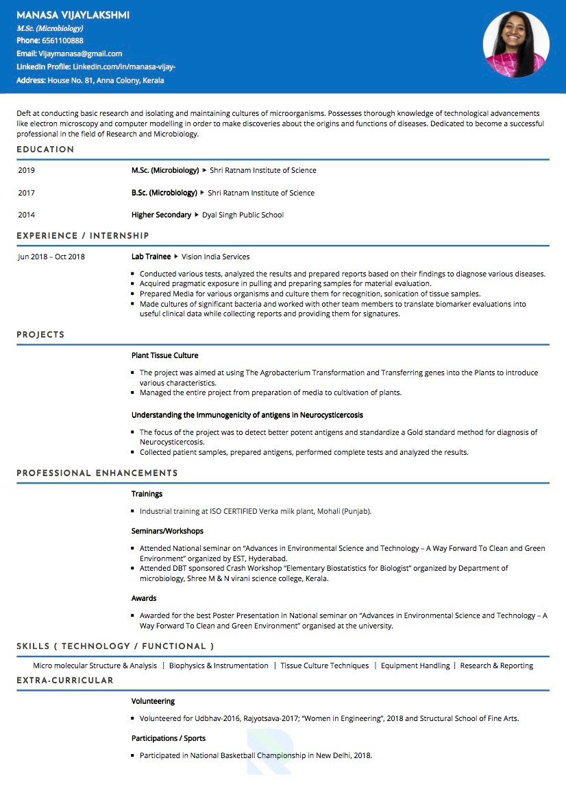 bsc chemistry fresher resume sample