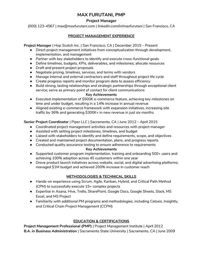 how to write project manager resume example