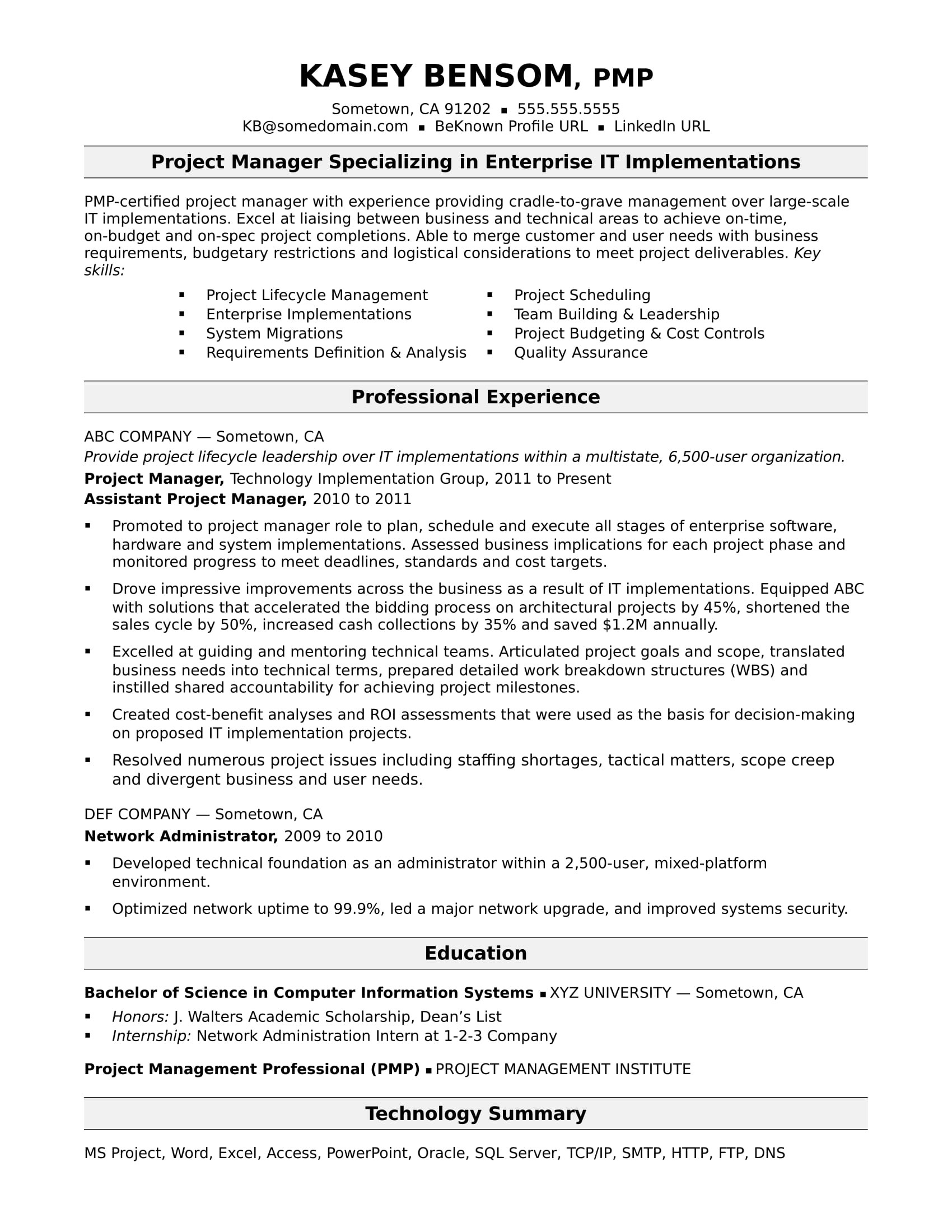 sample resume IT project manager midlevel