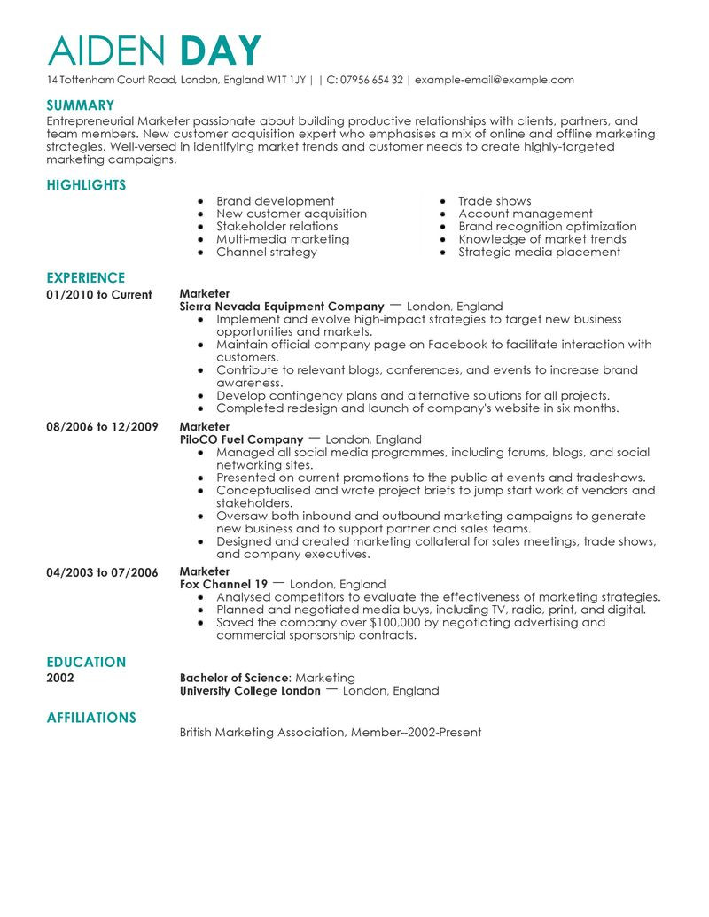 marketing executive cv template