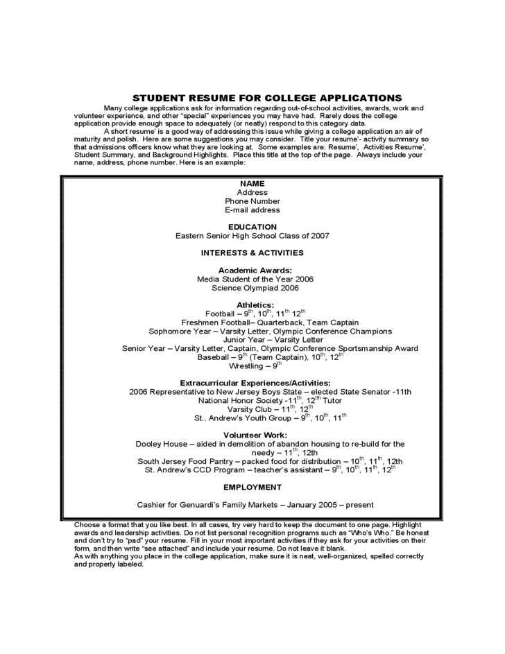 free student sample resume for college application