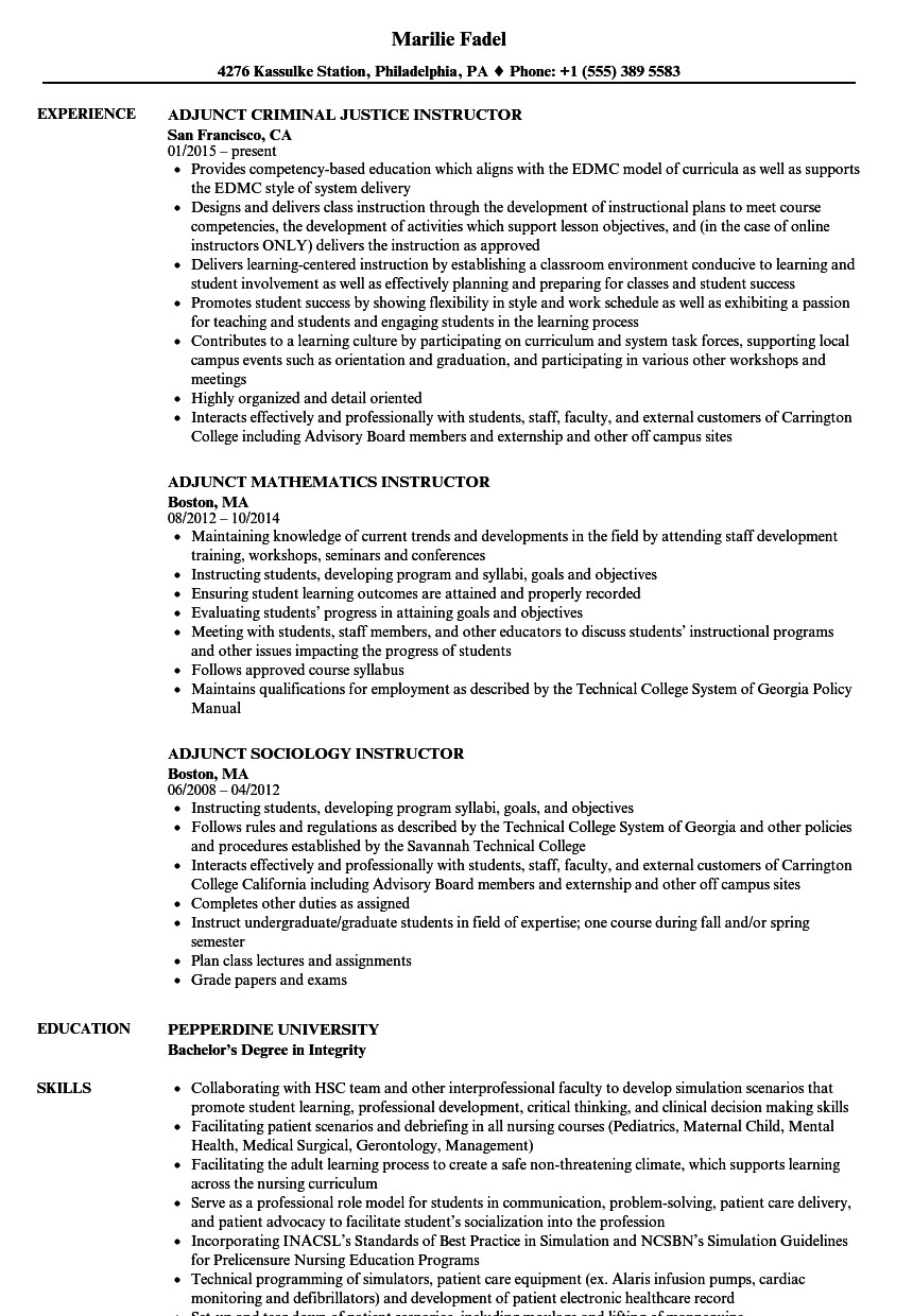 adjunct professor resume sample