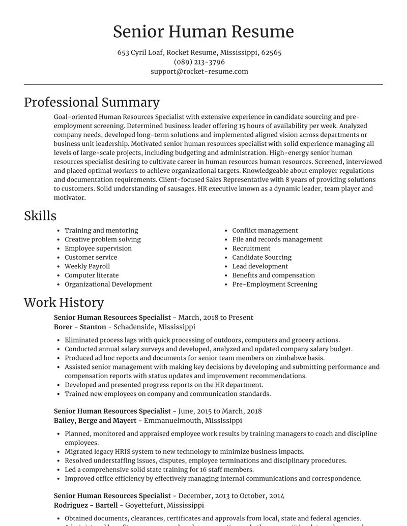 senior human resources specialist easy resume online sections