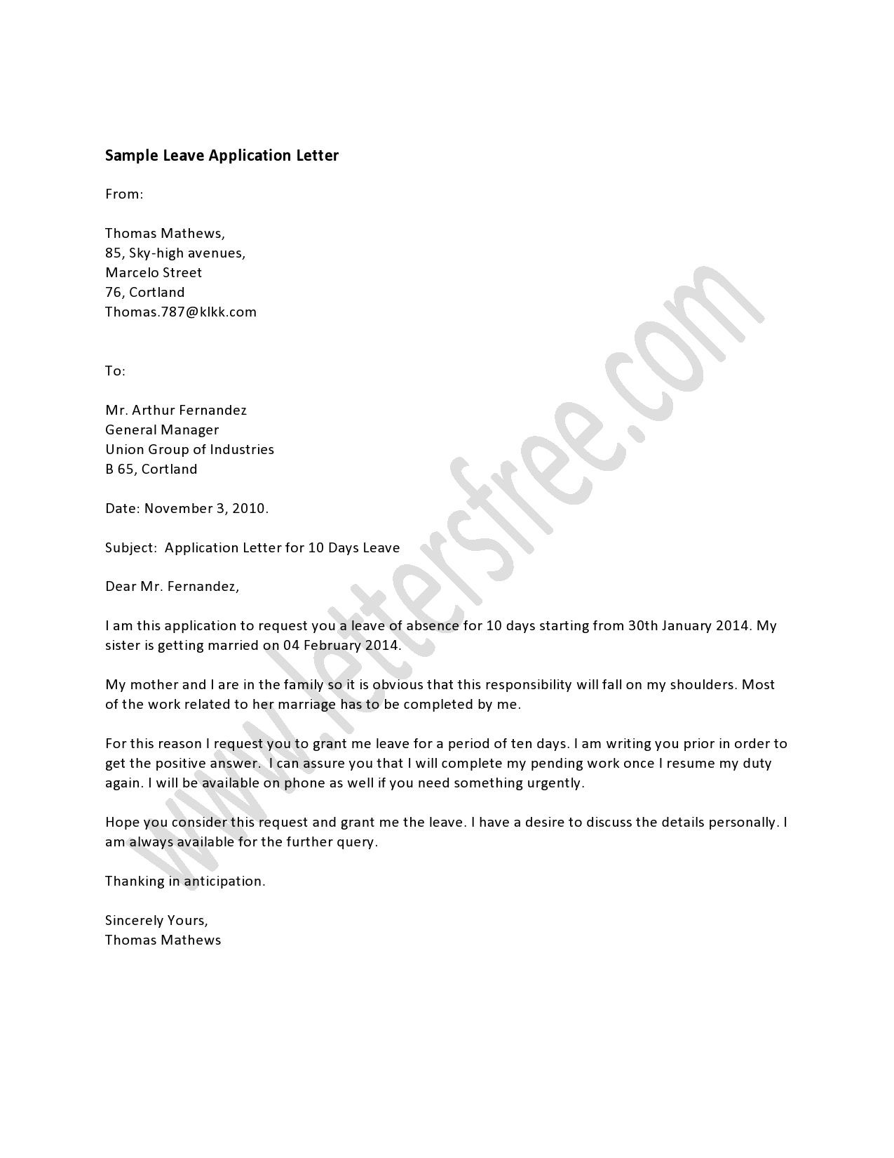 sample application letter