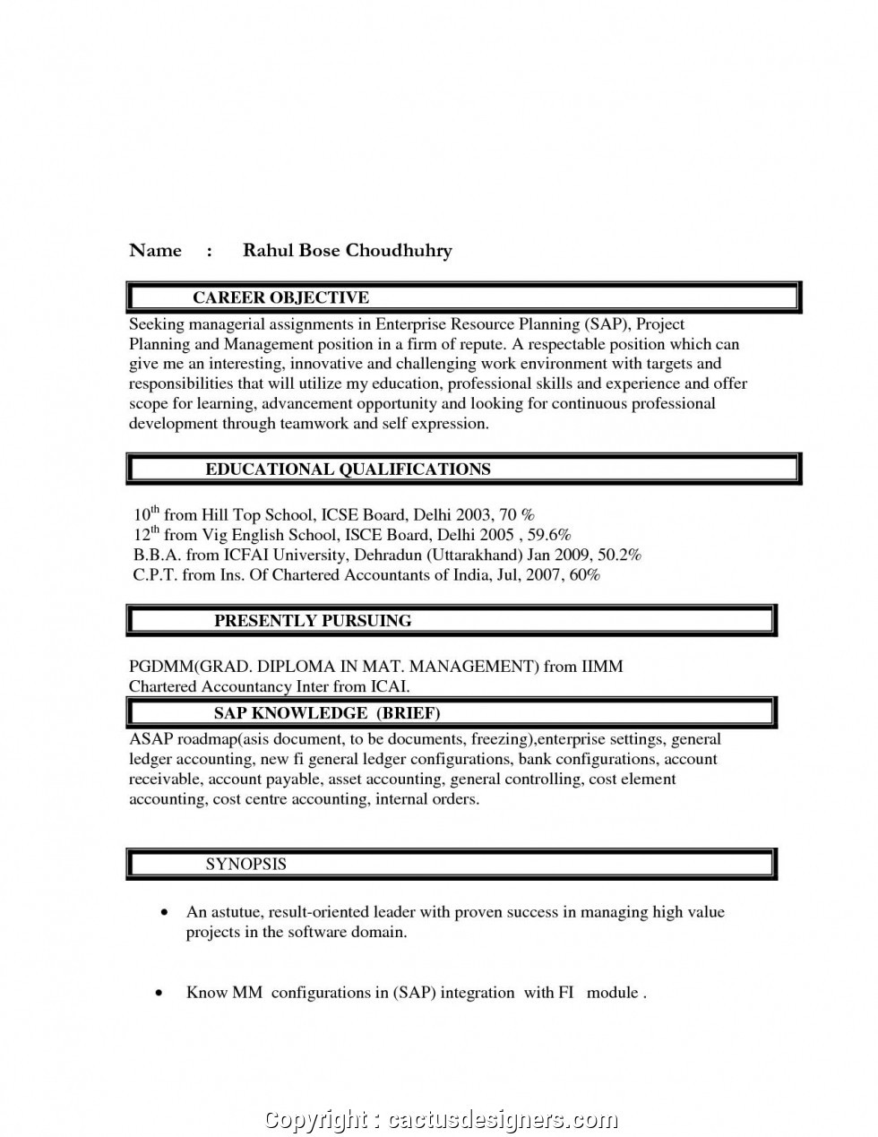 sample resume objective for freshers