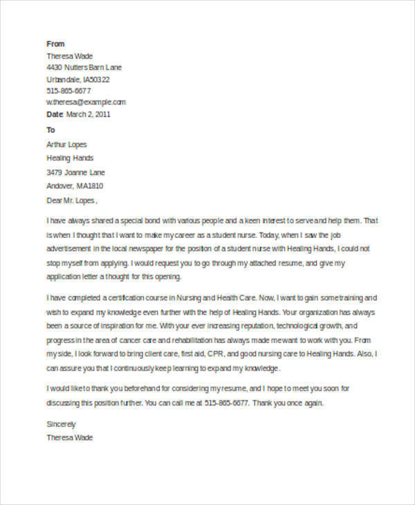 nursing student cover letter