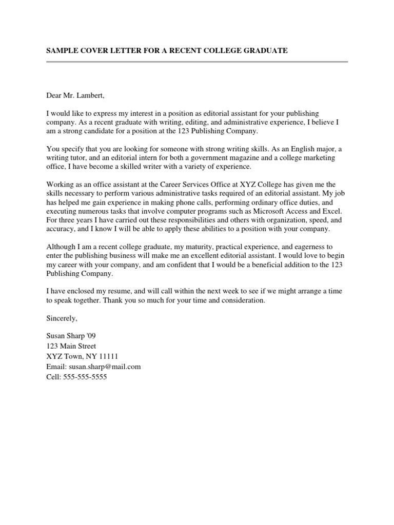 Sample Cover Letter for a Recent College Graduate