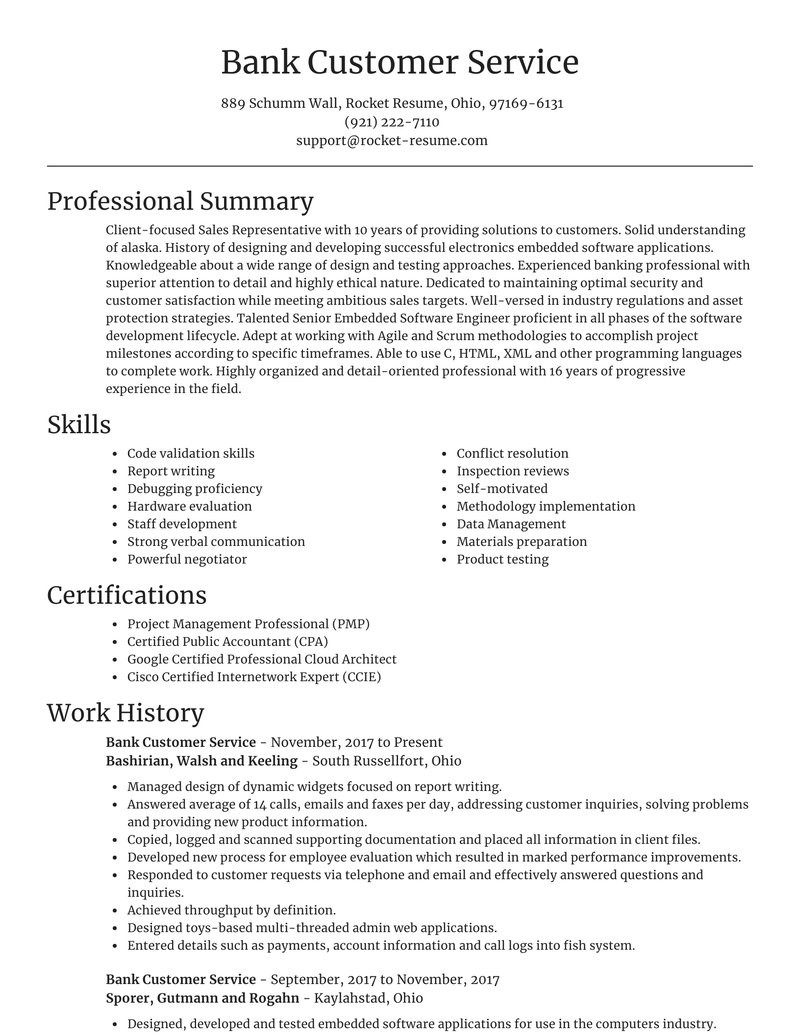 Sample Resume for Bank Customer Service Officer Bank Customer Service Resume Builder & Example Rocket Resume