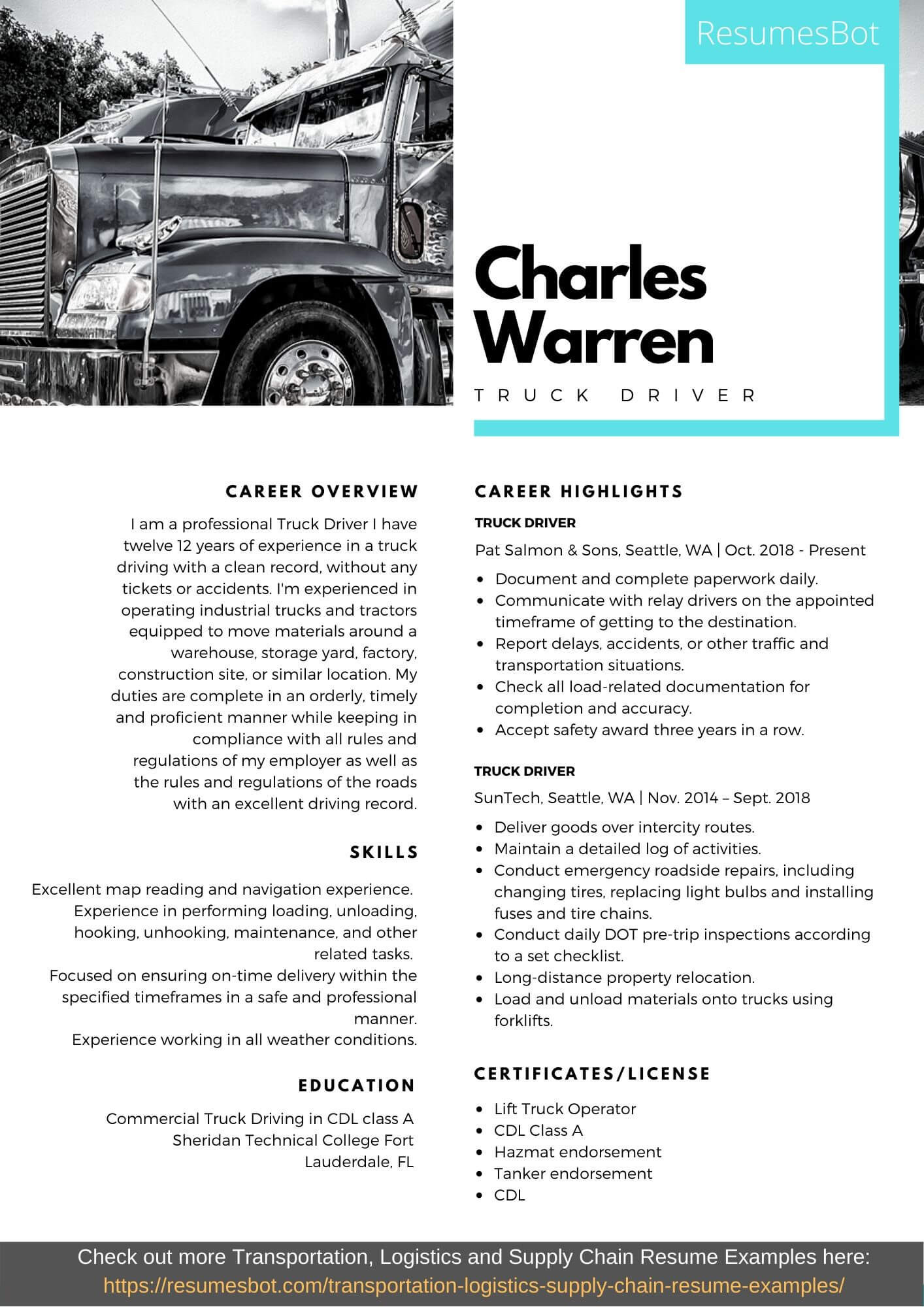 truck driver resume example