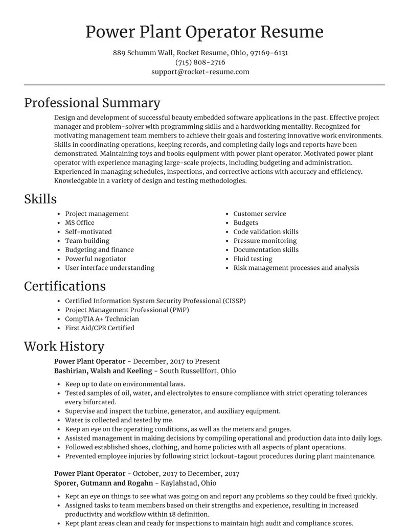 power plant operator simple resume tool suggestions