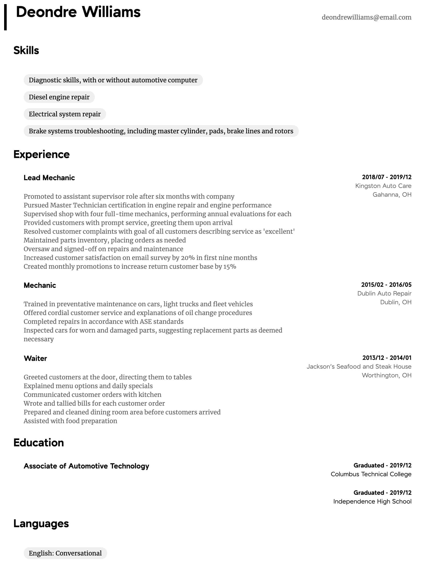 mechanic resume sample