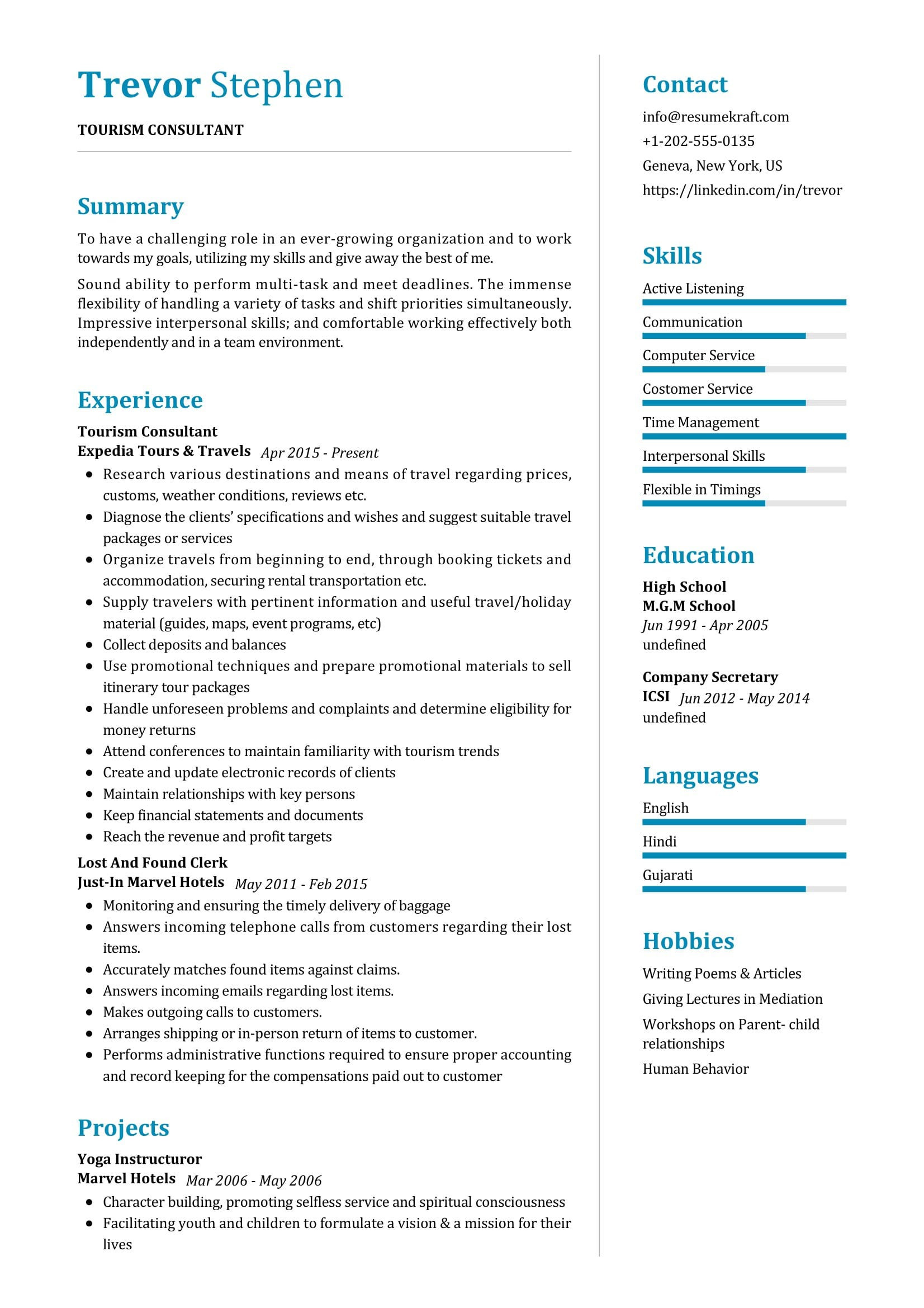 tourism consultant resume sample