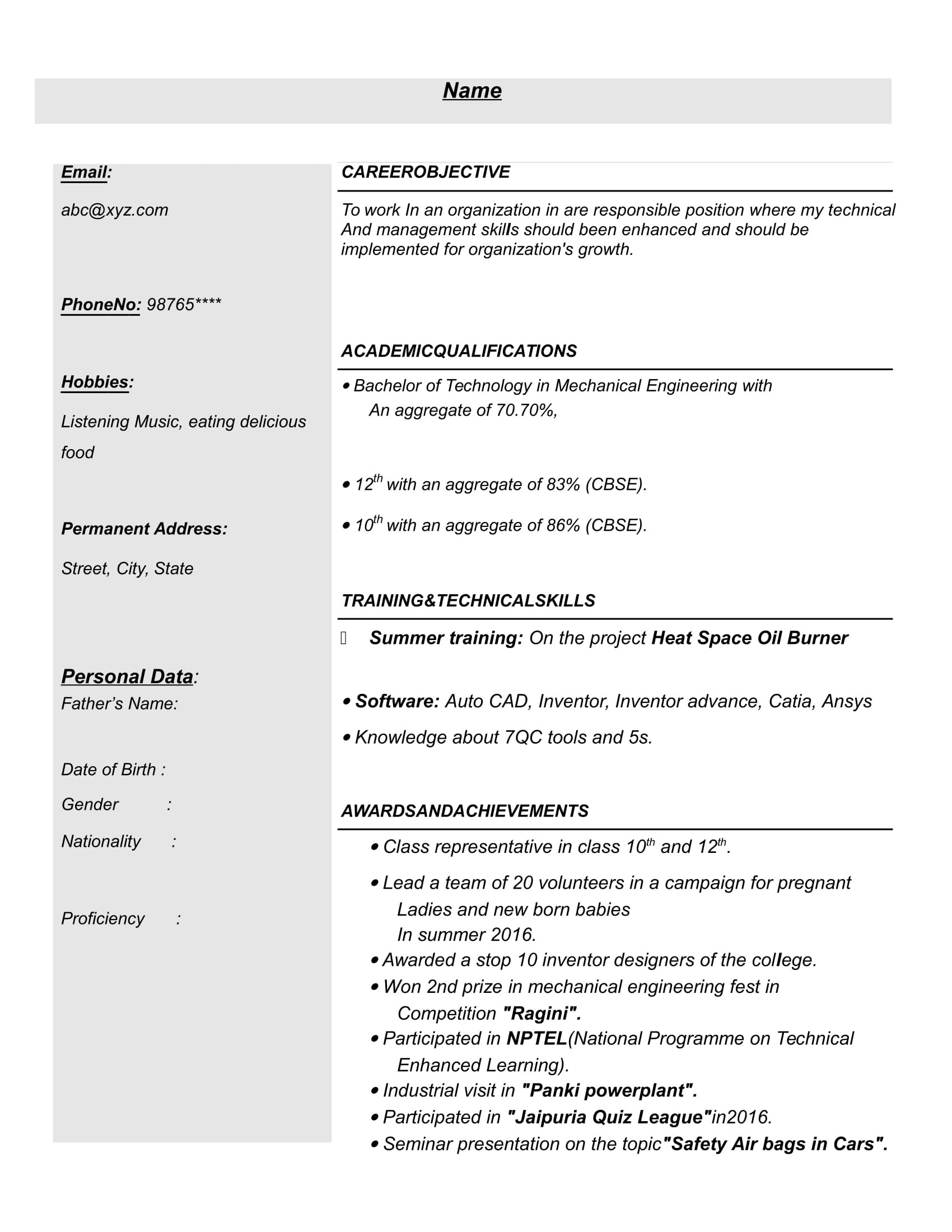 sunk resume format for mechanical engineer fresher pdf oL