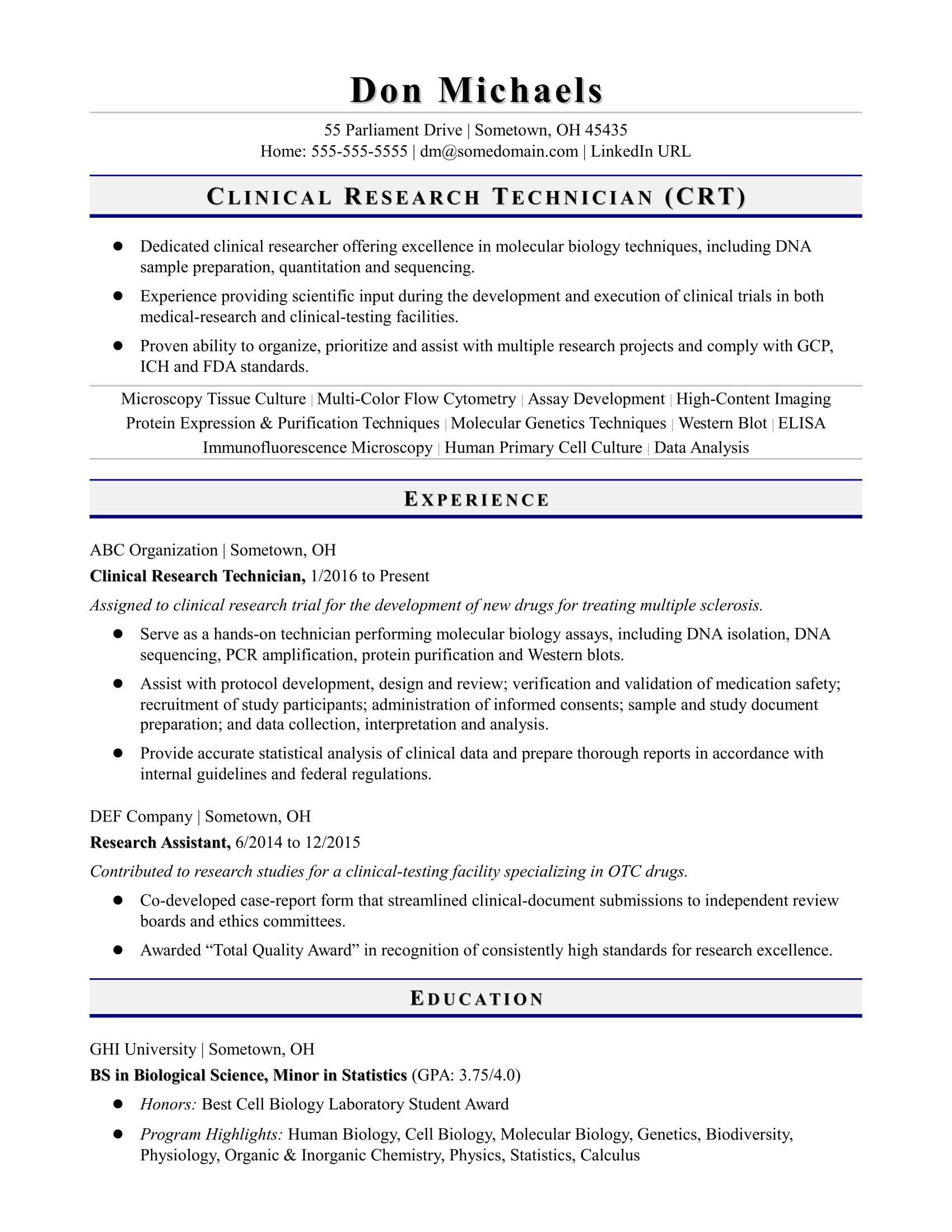sample resume research technician entry level