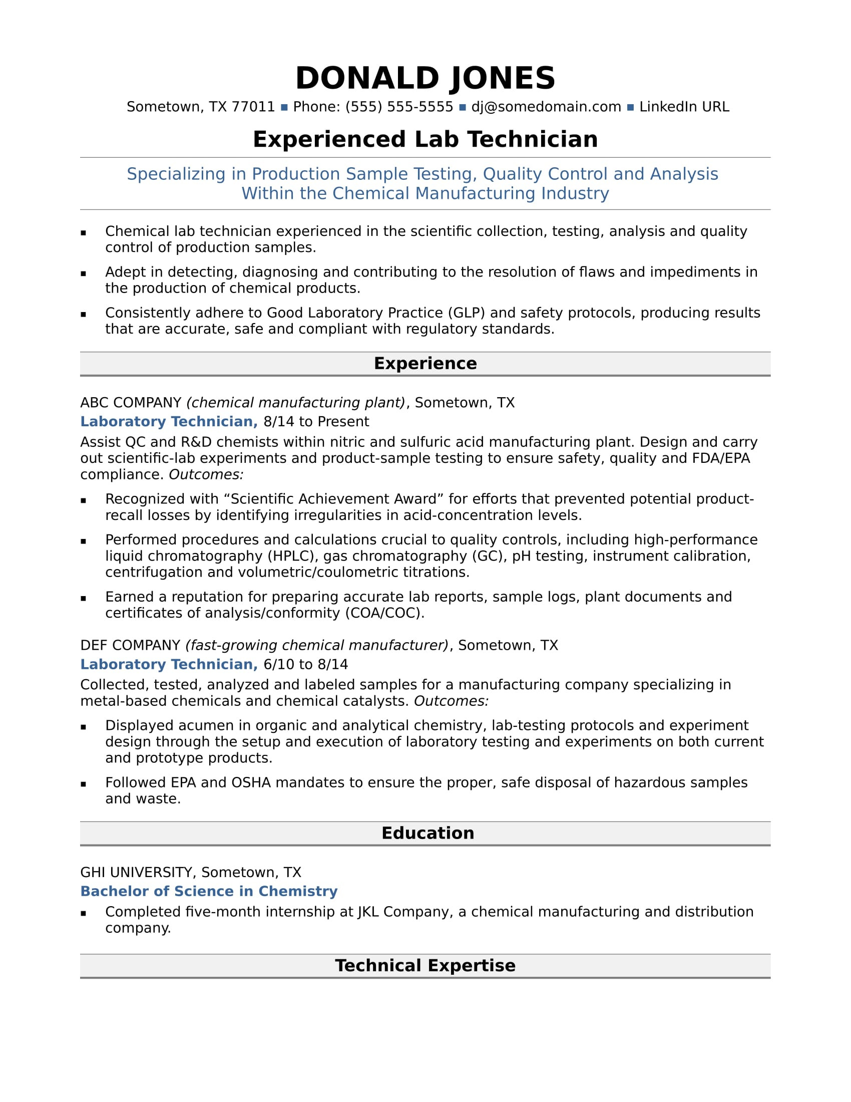 sample resume lab technician midlevel