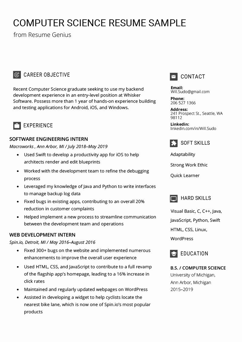 Sample Resume for Lecturer In Computer Science with Experience Puter Science Resume Example Unique Puter Science