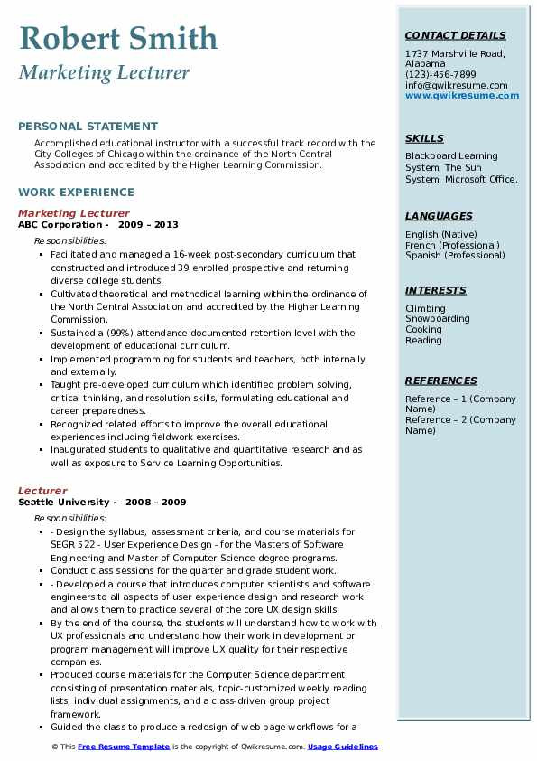 sample cv for lecturer position in