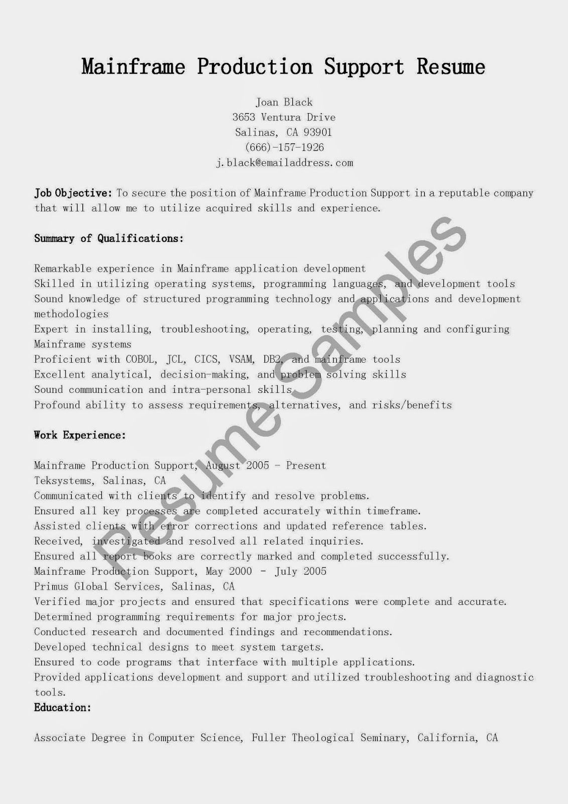 Sample Resume for Mainframe Production Support Mainframe Production Support Resume Sample Resume, Sample Resume …