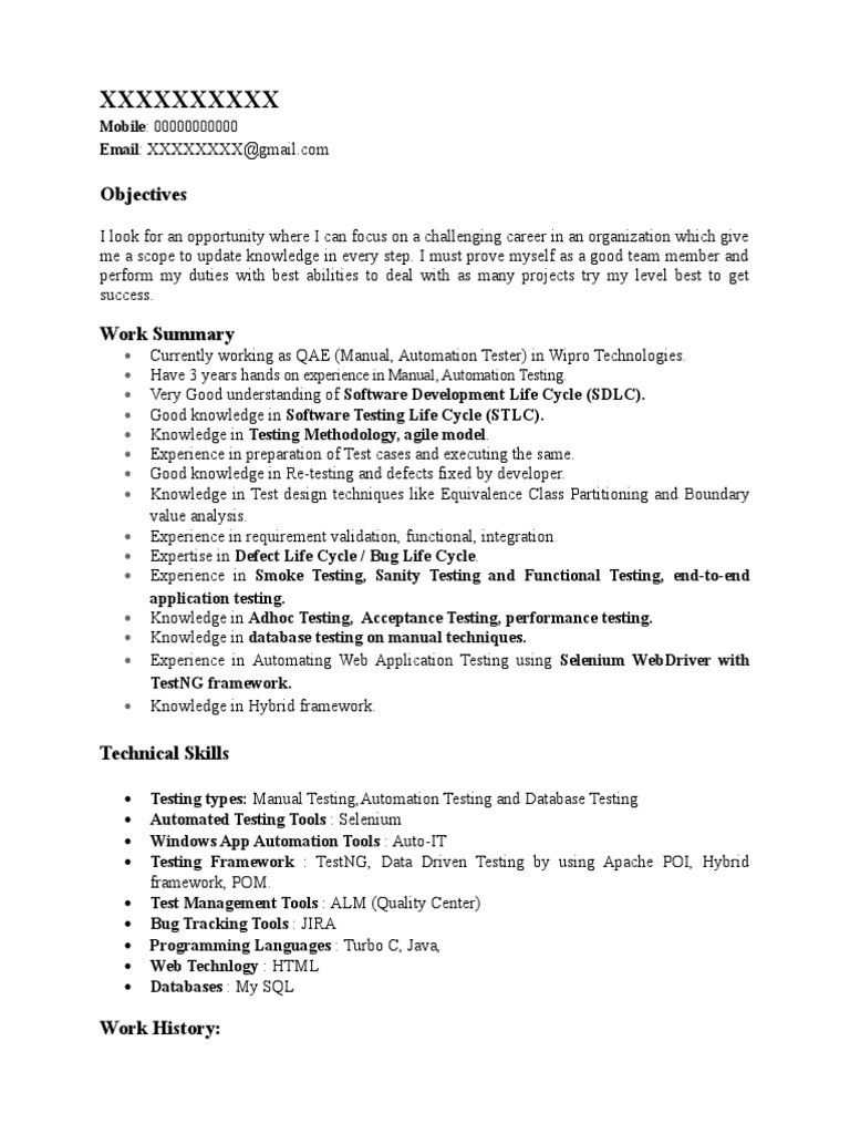 Manual Testing Automation Testing 3 Years Experience Resume